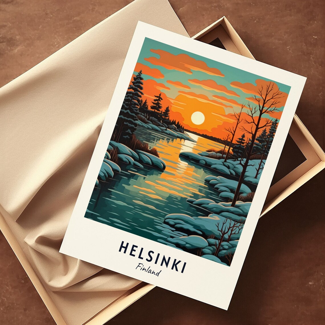 Helsinki Finland Snowy Winter Lake Sunset Scenic Travel Poster - Image 3