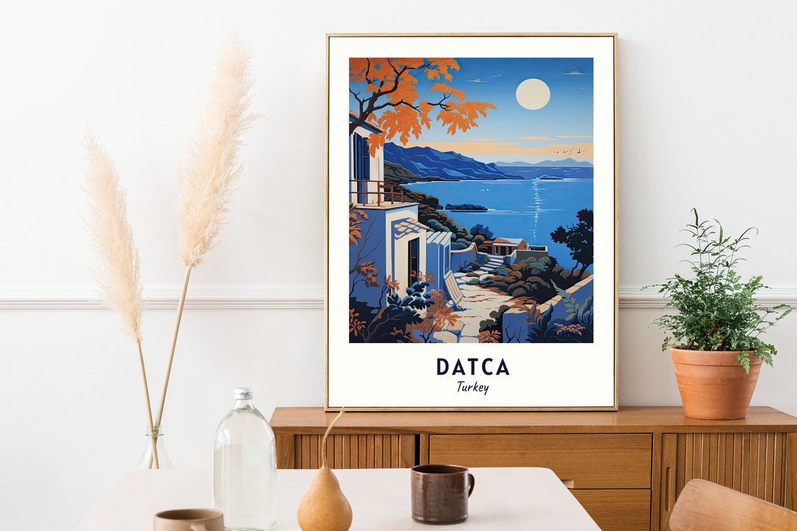 Datca Turkey Moonlit Coastline Blue Cove White Houses Travel Poster - Image 2