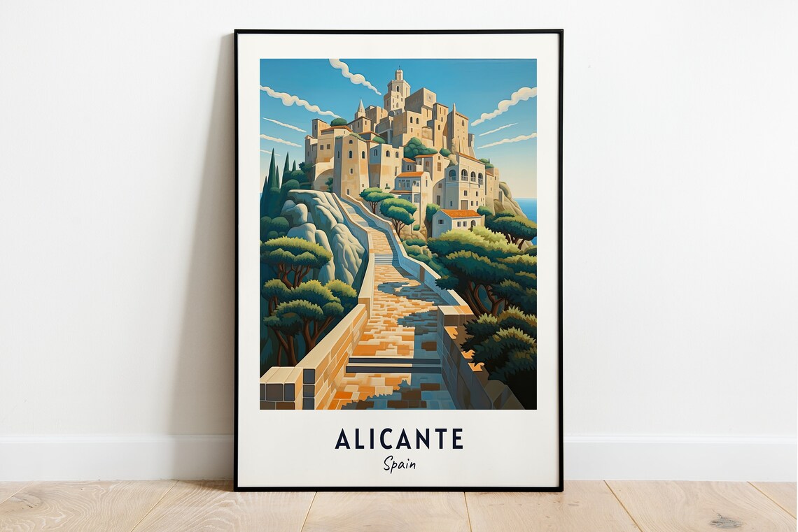 Alicante Spain Hilltop Castle Fortress Winding Path Travel Poster