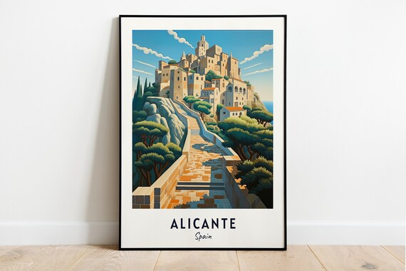 Alicante Spain Hilltop Castle Fortress Winding Path Travel Poster