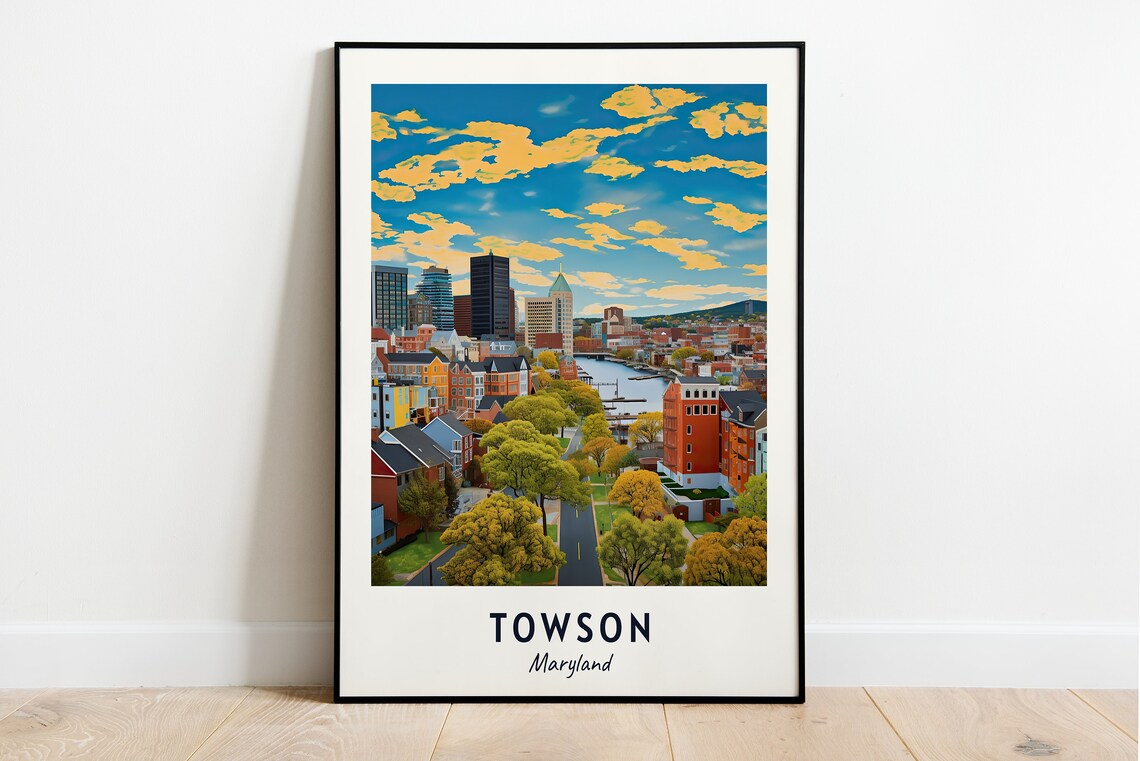 Towson City Skyline in Autumn Colors Maryland USA Travel Poster