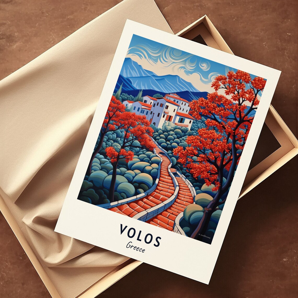 Volos Red Autumn Trees Above a White Village in Greece Poster - Image 3