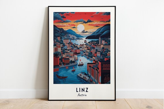 Sunset Harbor Cityscape on the Danube River Linz Austria Poster