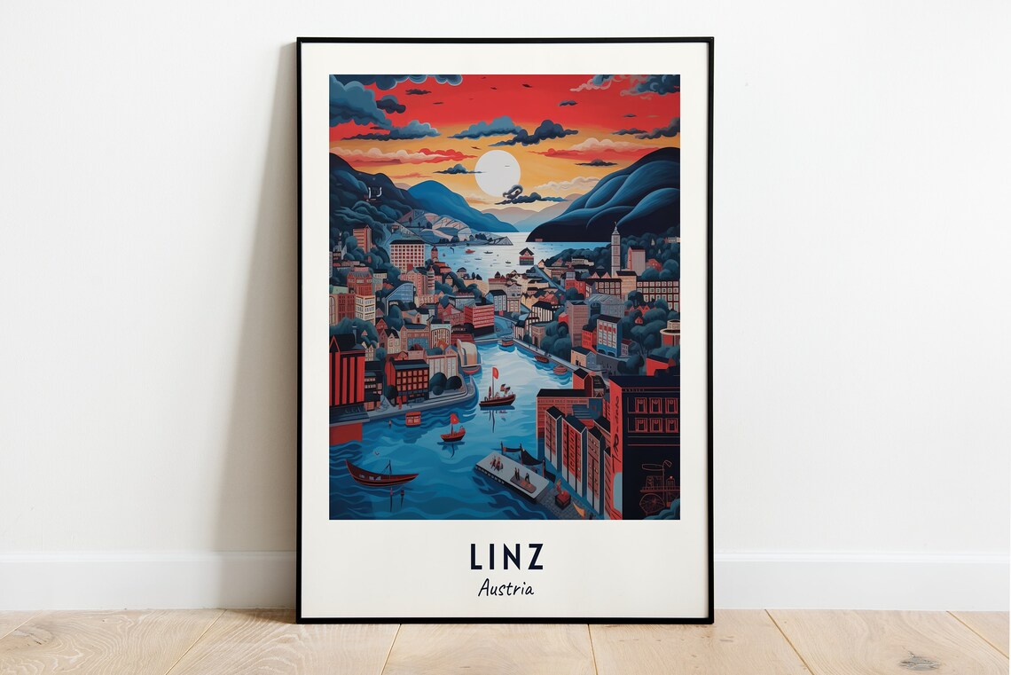 Sunset Harbor Cityscape on the Danube River Linz Austria Poster