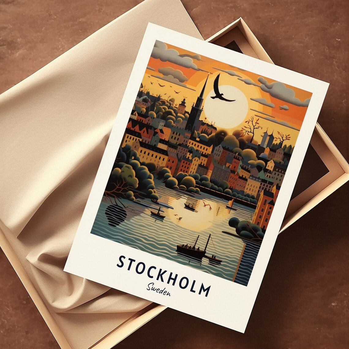 Stockholm Harbor Sunset Church Spire Sailing Boats Travel Poster - Image 3