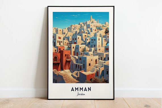 Amman Jordan Ancient Hillside City Whitewashed Houses Travel Poster
