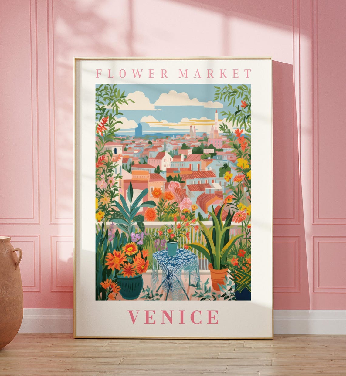 Venice Flower Market Poster with Terrace Garden Rooftop View