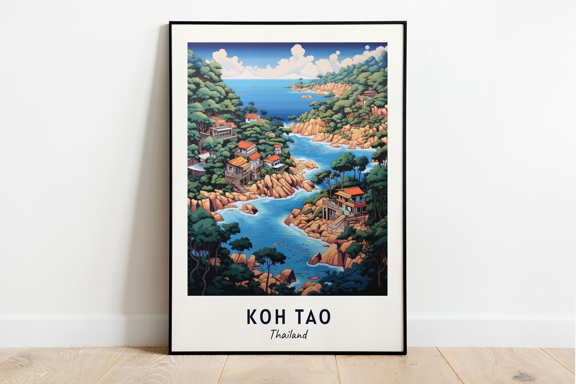 Koh Tao Thailand Rocky Bay And Hillside Cottages Coastal Travel Poster