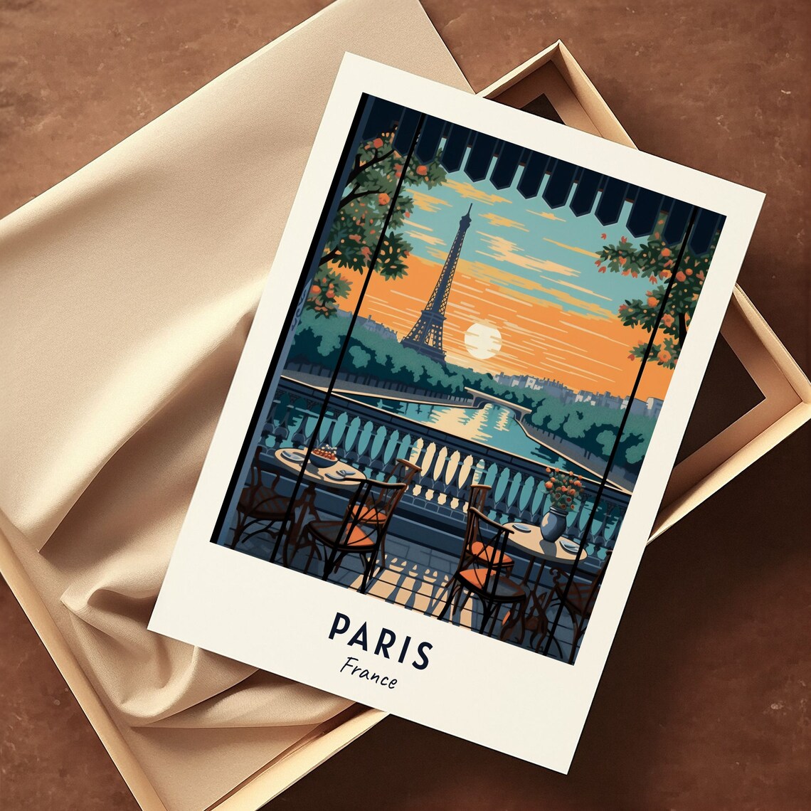 Paris France Eiffel Tower Cafe Terrace Sunset River View Travel Poster - Image 3