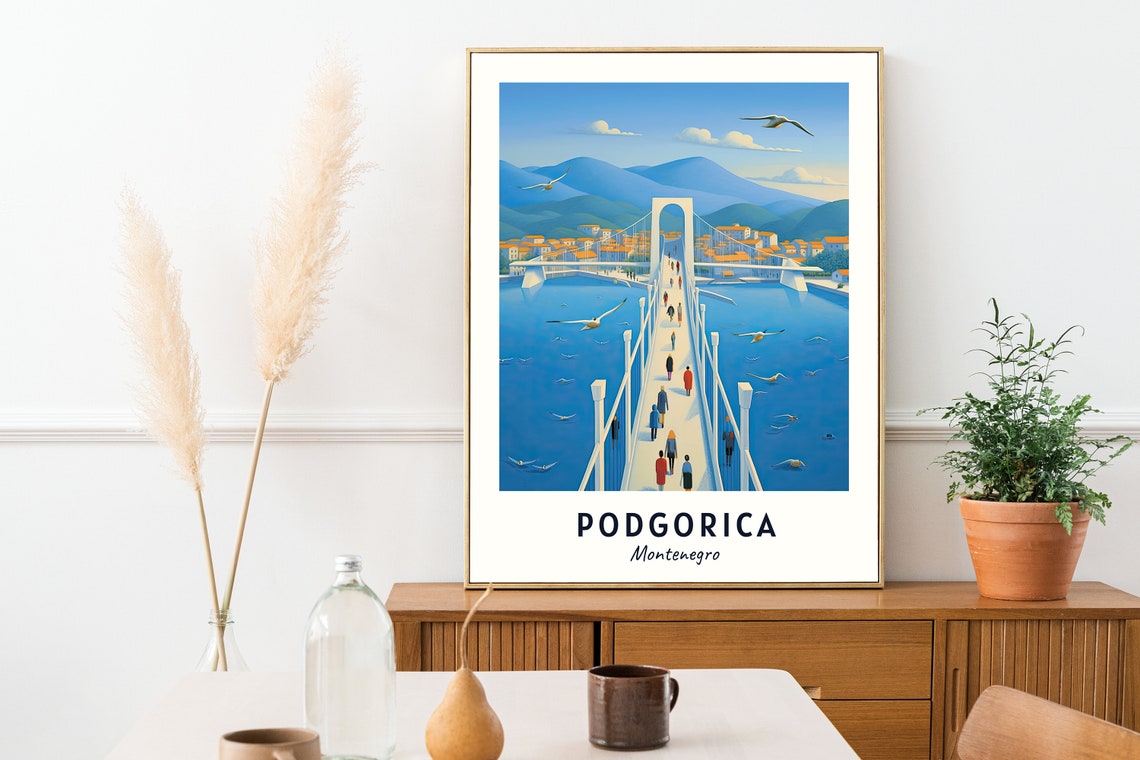 Podgorica Montenegro White Suspension Bridge Over Blue Water Poster - Image 2
