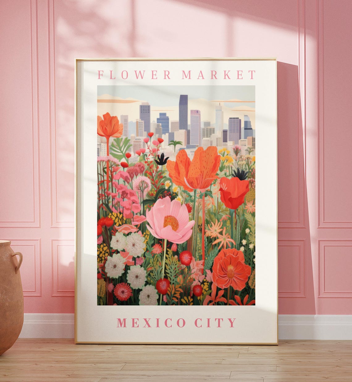 Mexico City Flower Market Poppy Skyline Botanical Wall Art Gift