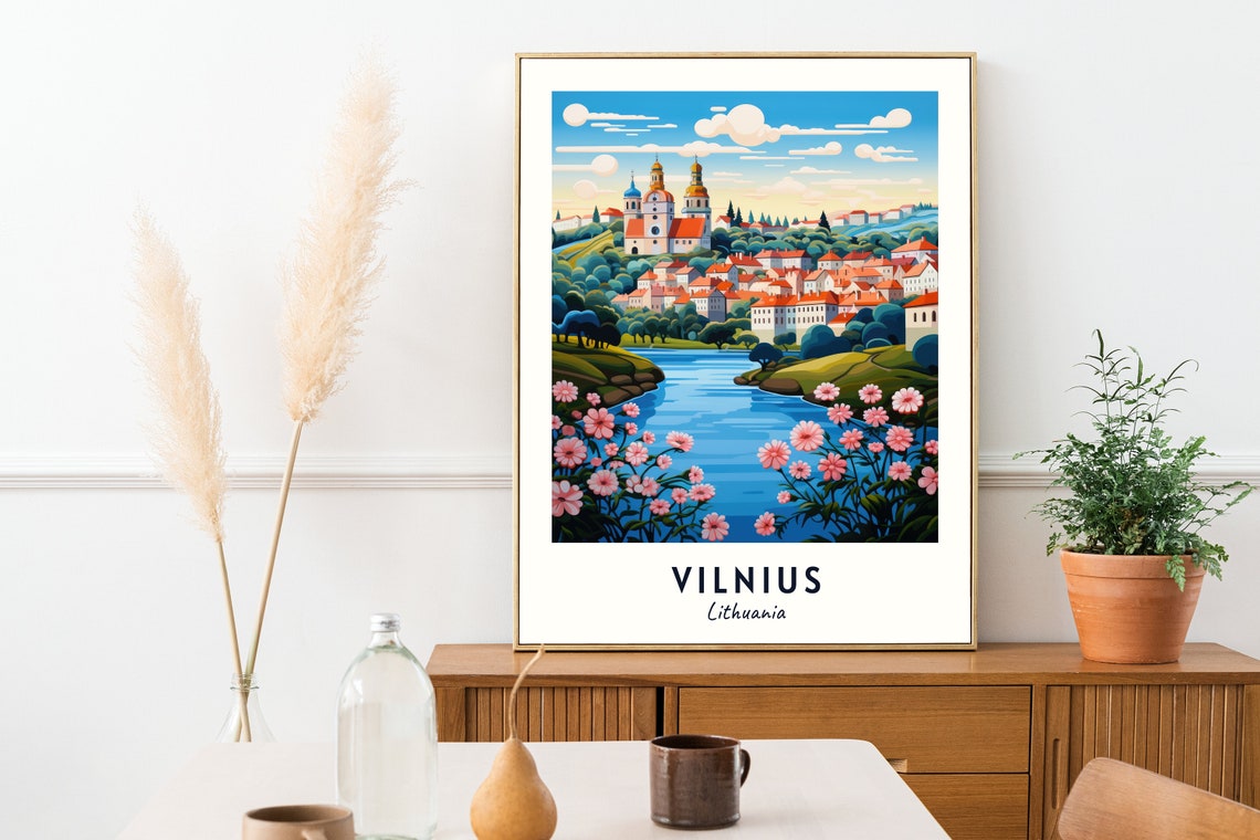 Vilnius Lithuania Old Town River View Spring Bloom Travel Poster - Image 2