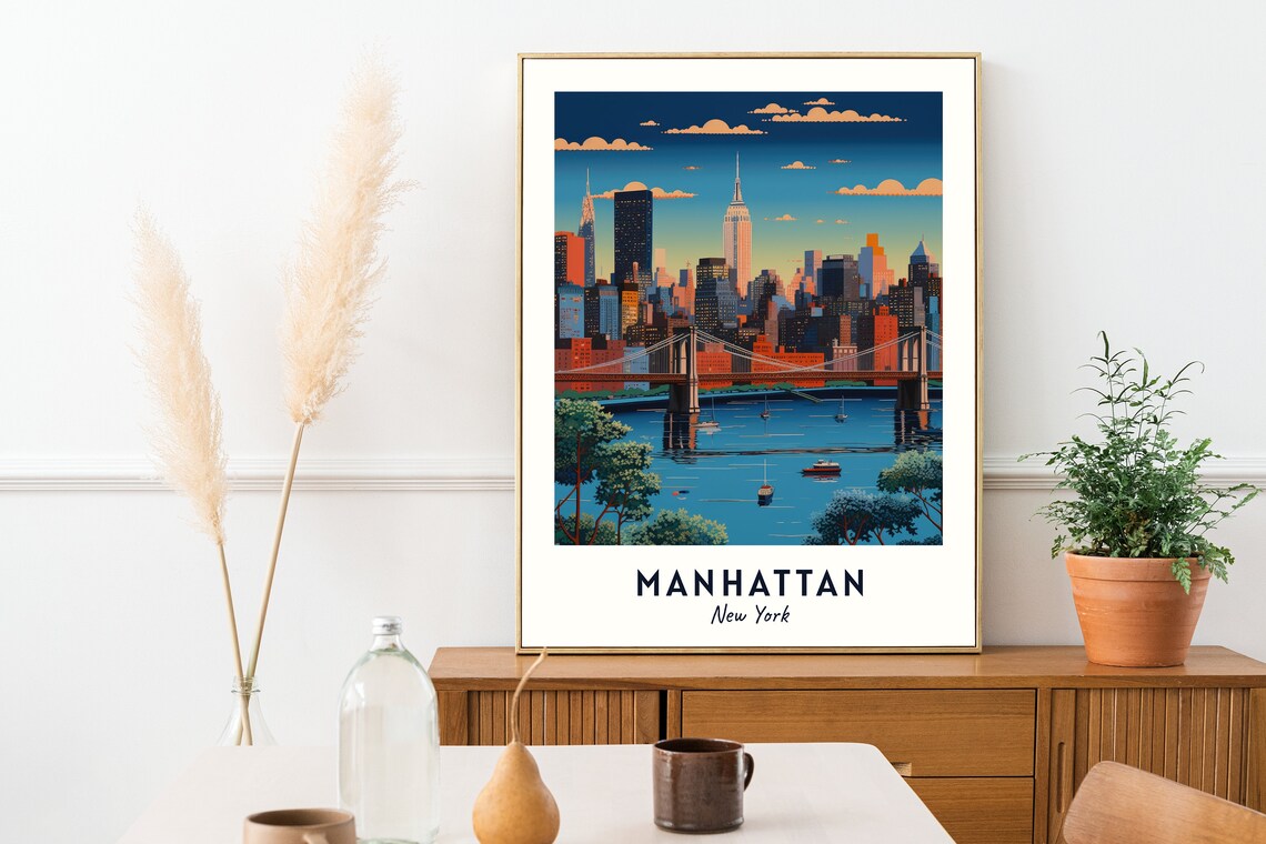 Manhattan New York Skyline Dusk Bridge Cityscape Travel Poster - Image 2