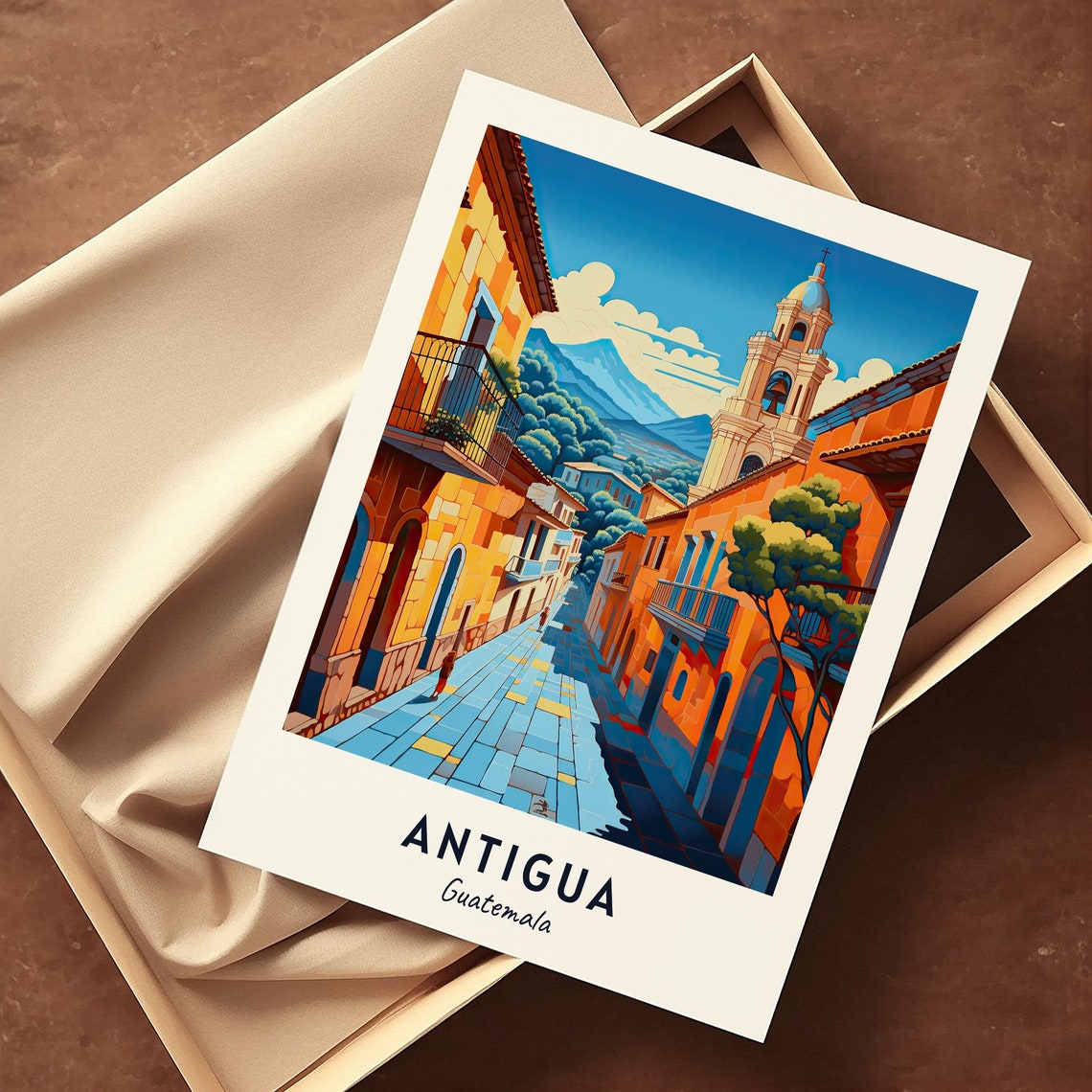 Antigua Guatemala Cobblestone Street and Church Bell Tower Poster - Image 2