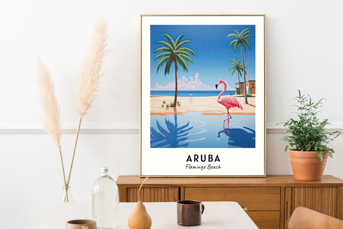 Aruba Flamingo Beach Palm Trees Caribbean Vintage Travel Poster - Image 2