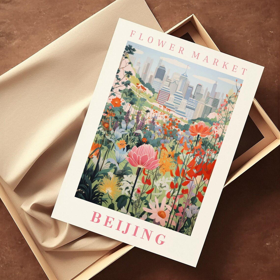 Beijing Flower Market Poster with Pink Peony City Skyline Garden Art - Image 2