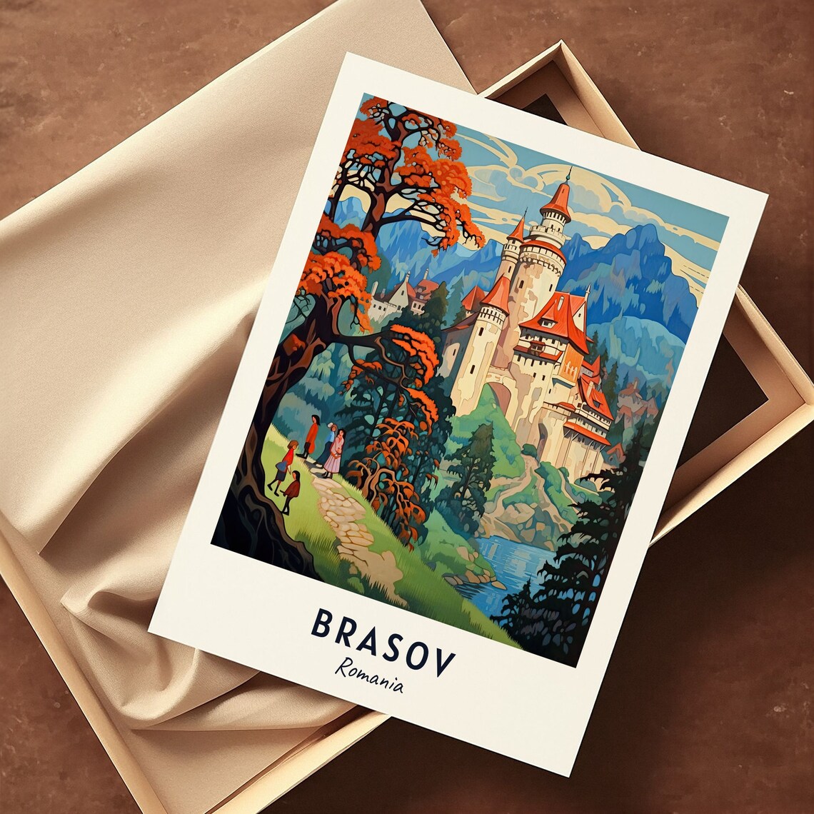 Brasov Romania Hilltop Castle Fiery Autumn Trees Lake Poster - Image 3