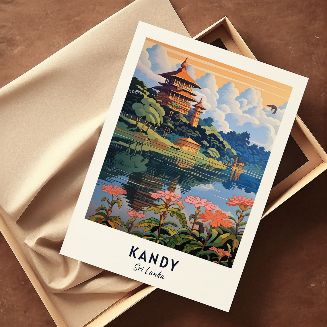 Kandy Sri Lanka Lakeside Temple Pink Blossoms Golden Sunset Poster - Image 3