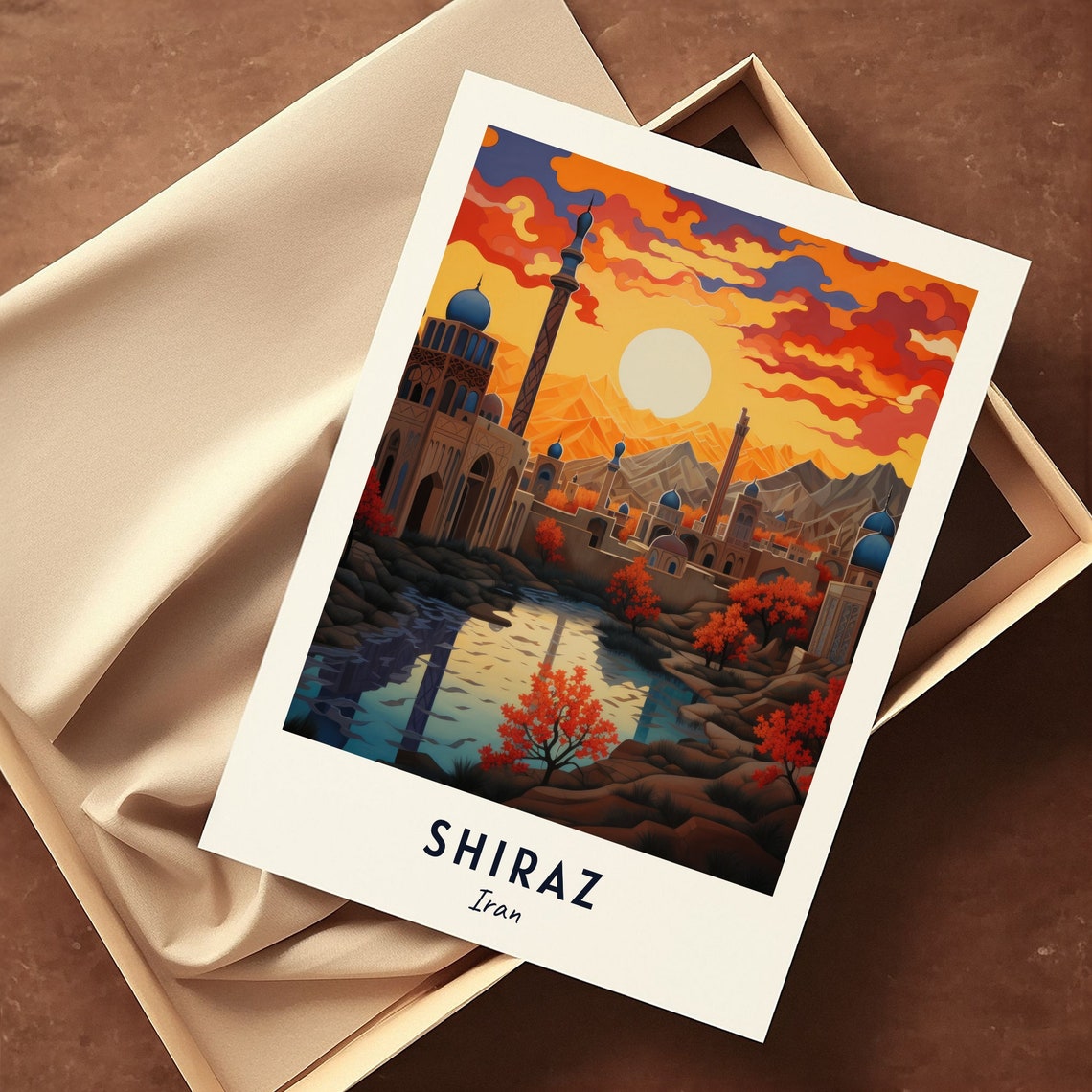 Shiraz Iran Sunset Minarets Mountains Lake Reflection Poster - Image 3