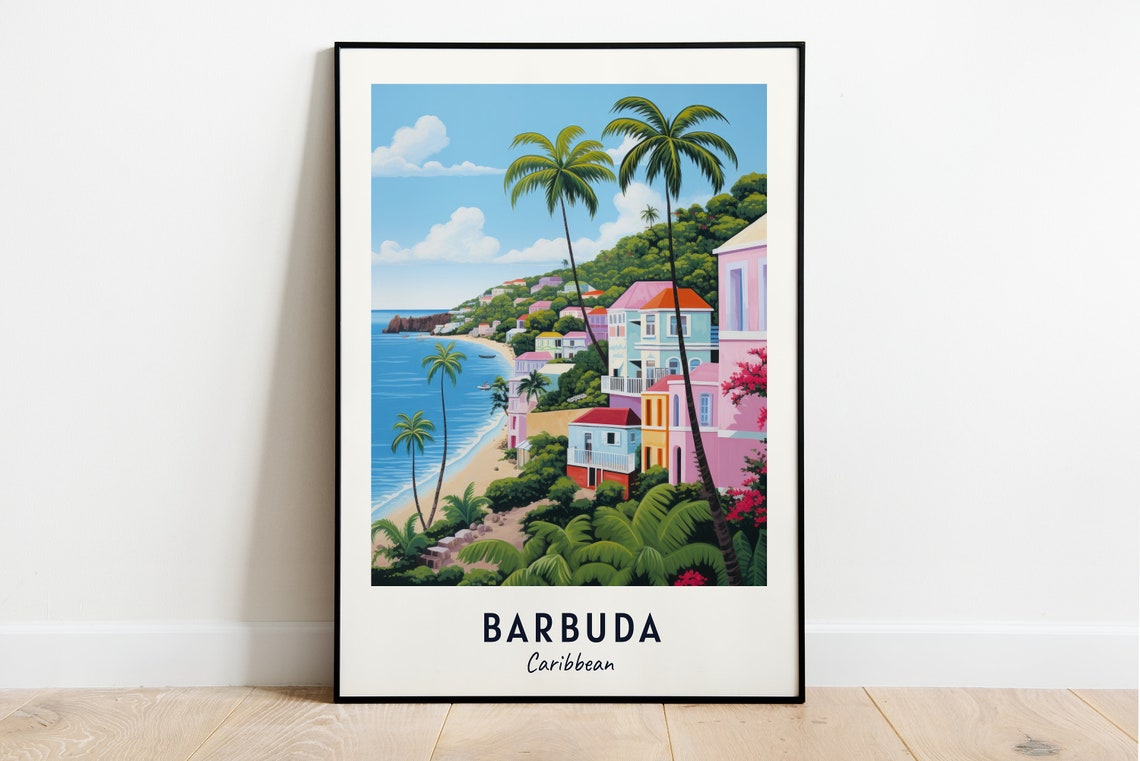 Barbuda Caribbean Palm Beach Pastel Seaside Houses Escape Poster