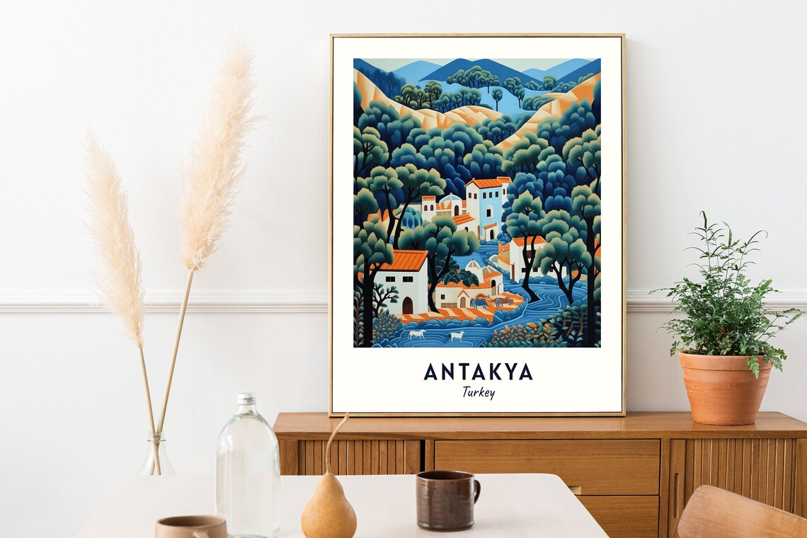 Antakya Orange Roof Village Green River Hills Town Travel Poster - Image 2