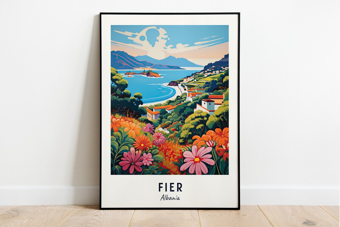 Fier Albania Coastal Bay Wildflowers Hills Colorful Travel Poster