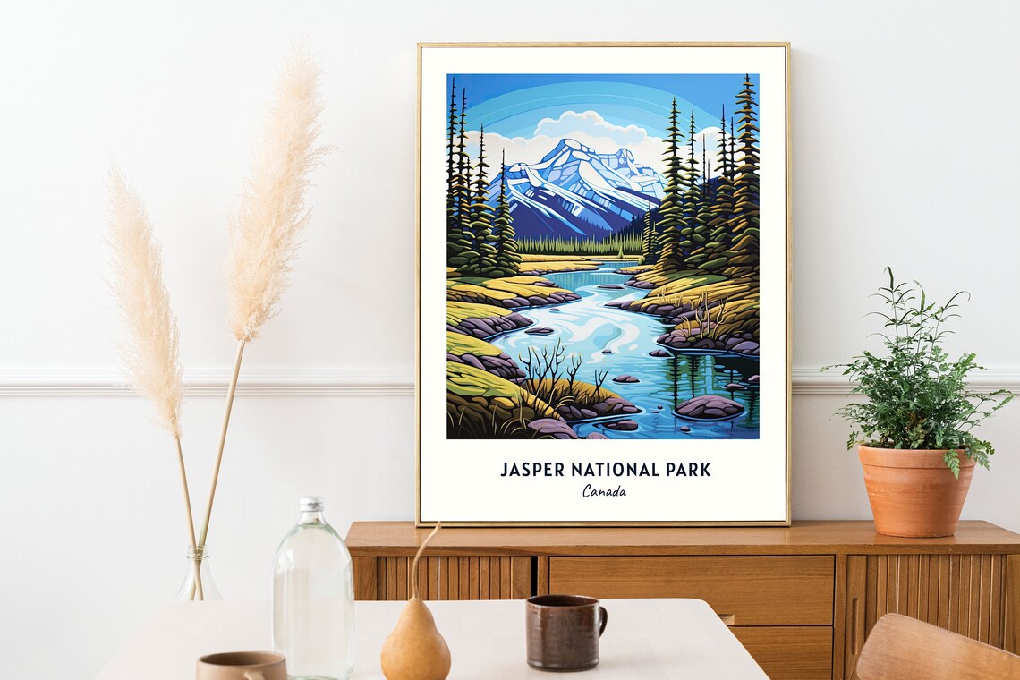 Jasper National Park Canada Snowy Peak River Vintage Travel Poster - Image 2