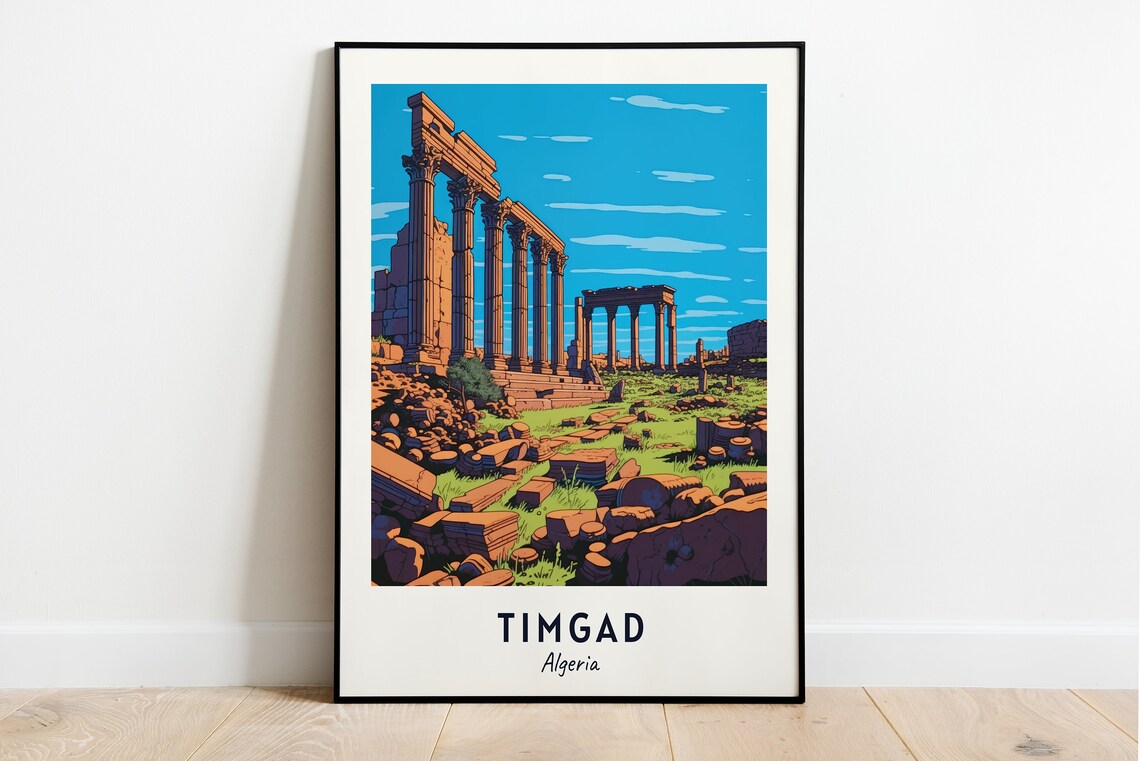 Timgad Algeria Ancient Roman Ruins Columns Under Blue Sky Poster
