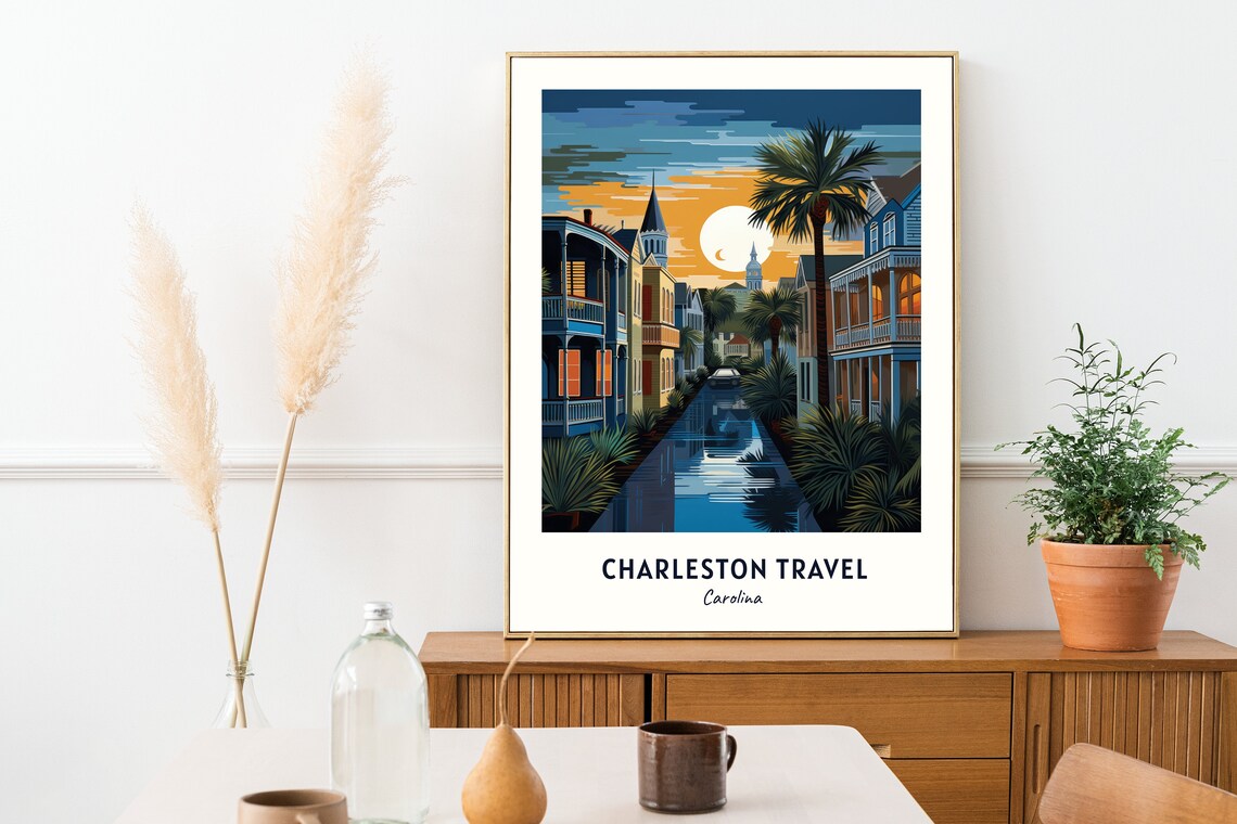 Charleston Carolina Historic Street Palm Trees Sunset Canal Travel Poster - Image 2