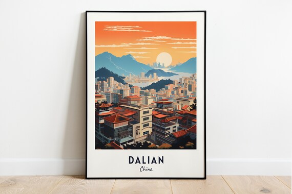 Dalian China Sunset Skyline Cityscape Over The Bay Travel Poster