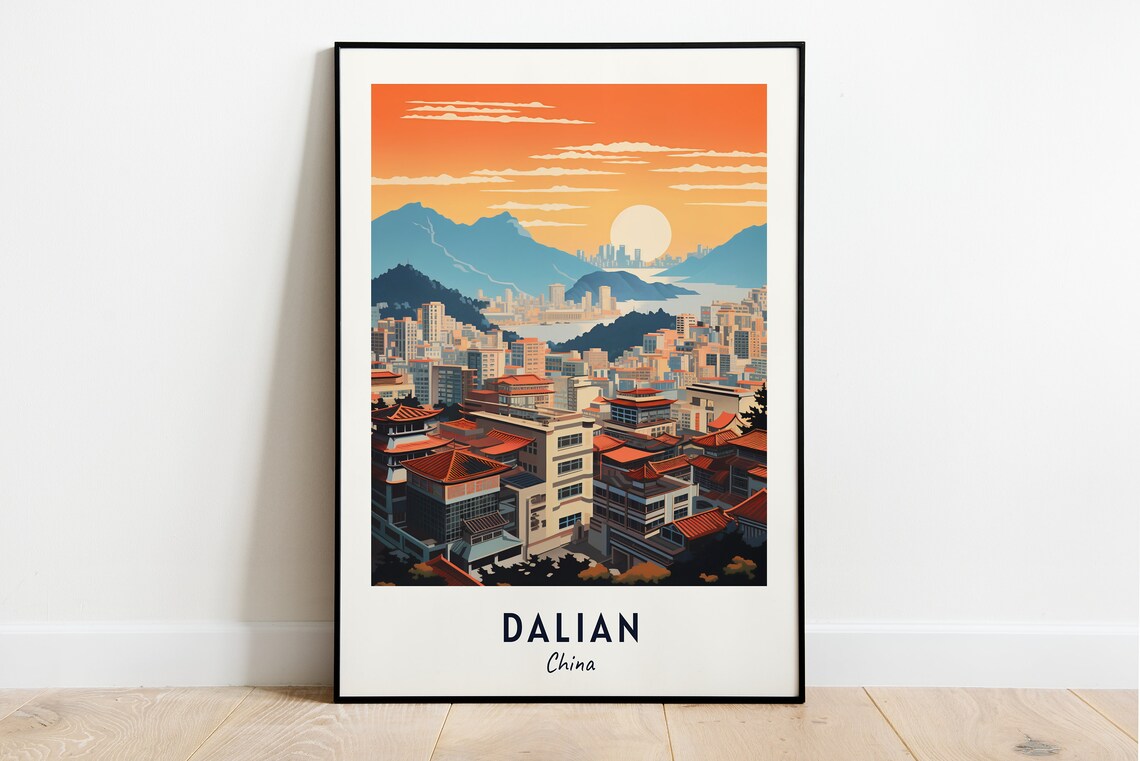 Dalian China Sunset Skyline Cityscape Over The Bay Travel Poster
