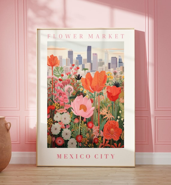 Mexico City Flower Market Skyline Poppy Field Sunset Travel Poster