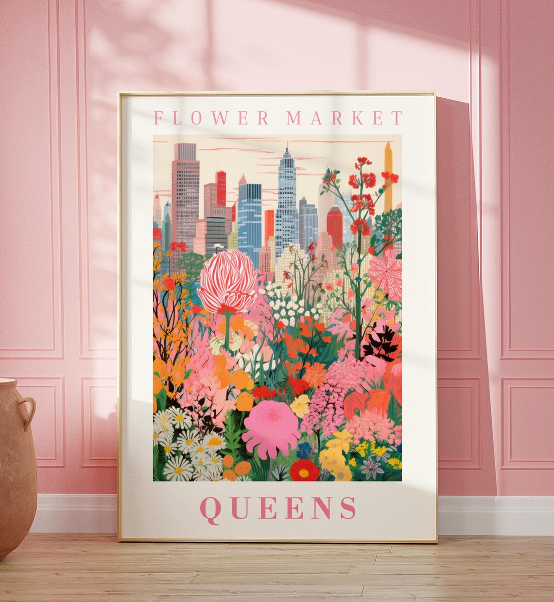 Queens New York Flower Market Manhattan Skyline Garden Travel Poster
