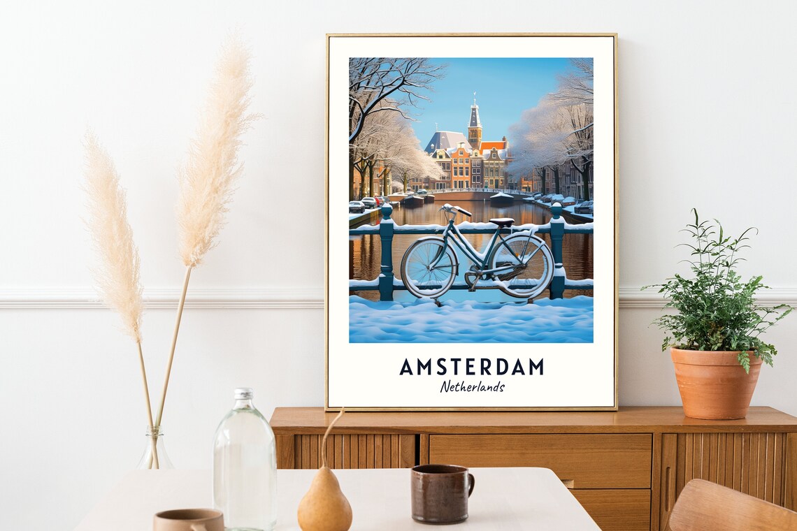 Amsterdam Netherlands Snowy Canal Bridge Vintage Bicycle Art Poster - Image 2