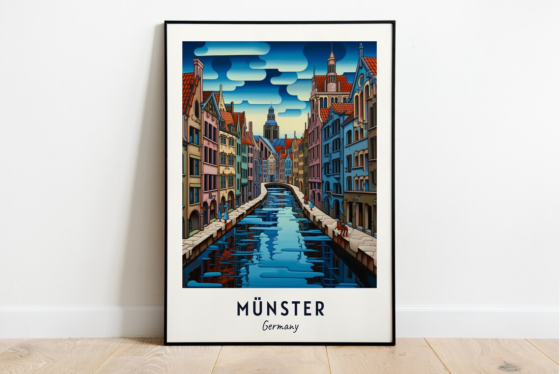 Münster Germany Night Canal Gabled Houses Travel Poster Home Decor