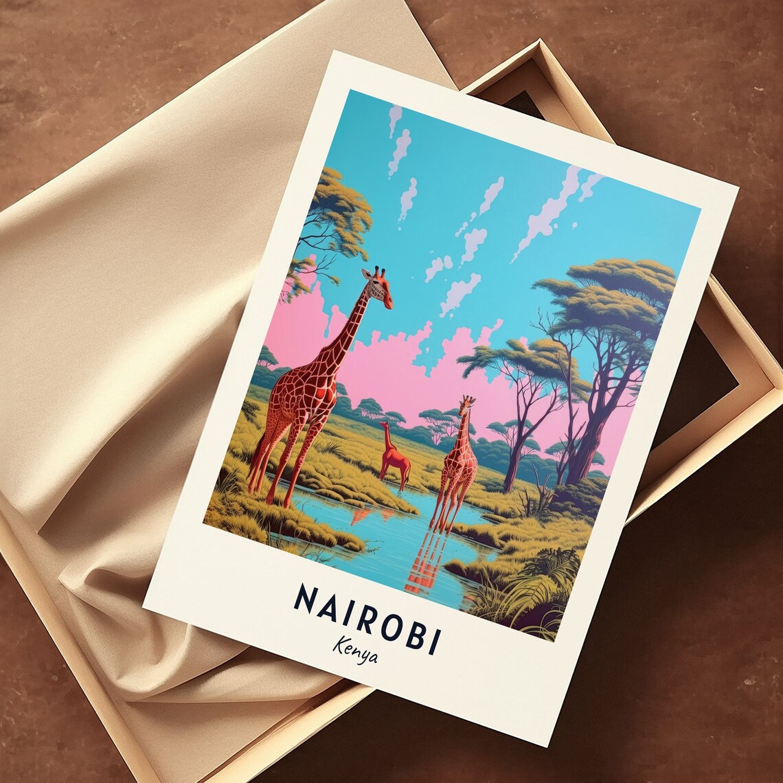 Nairobi Kenya Giraffes At Waterhole Under Pink Sunset Sky Poster - Image 3