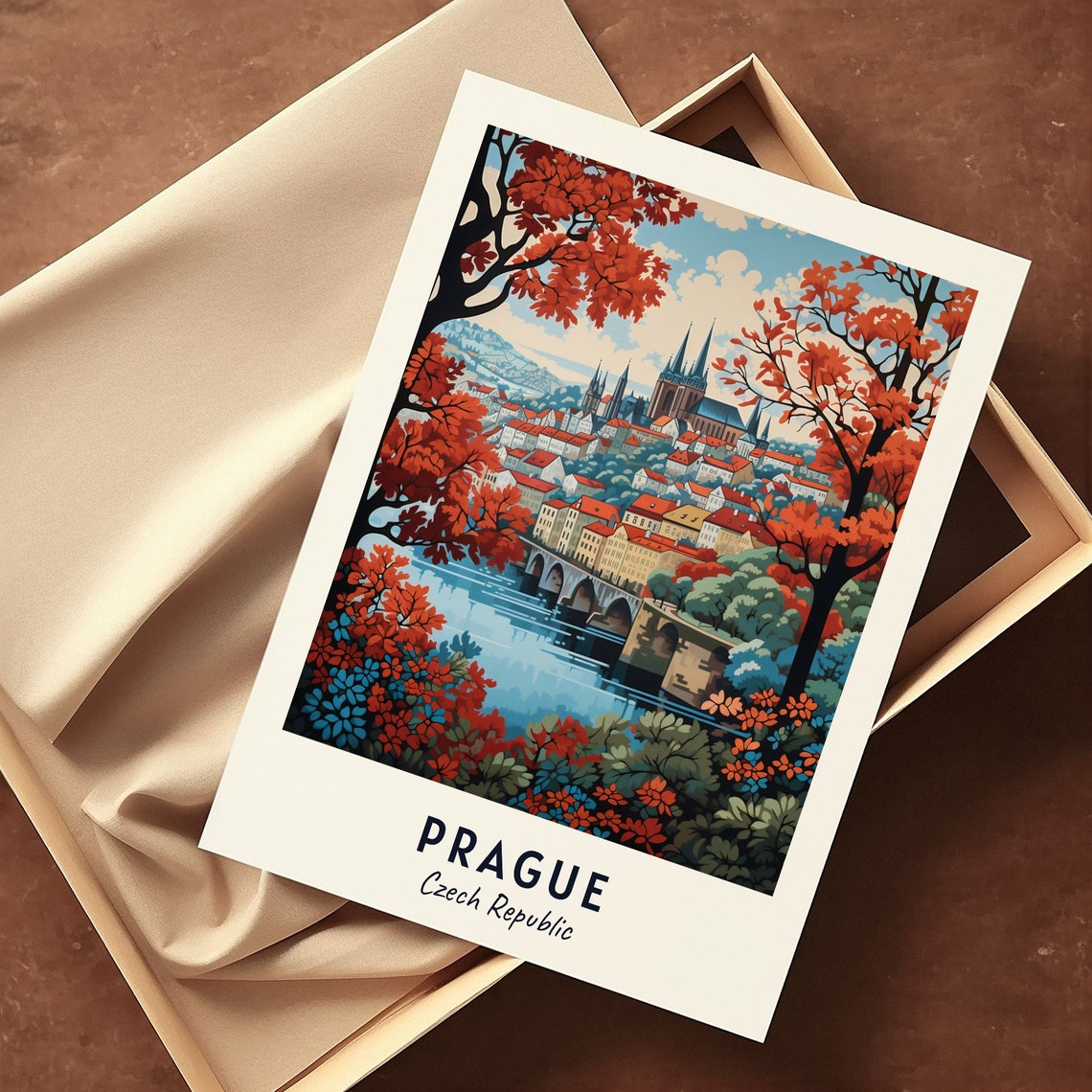 Prague Charles Bridge Framed by Red Autumn Trees Czech Poster - Image 3