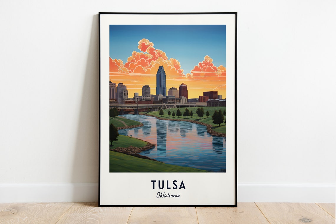 Tulsa Oklahoma Sunset Skyline Over River Bridge Evening Poster