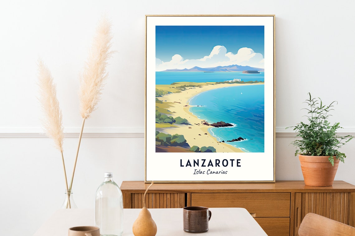 Lanzarote Canary Islands Turquoise Bay Sandy Beach Volcano Poster - Image 2