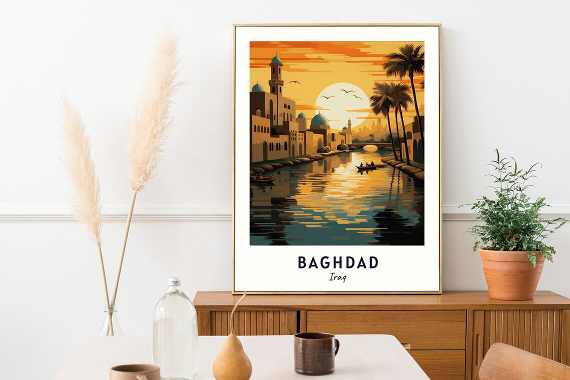 Baghdad Iraq Golden Sunset River Mosque Skyline Travel Poster - Image 2