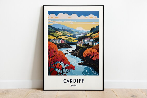 Cardiff Wales Autumn River Valley Colorful Cottages Travel Poster