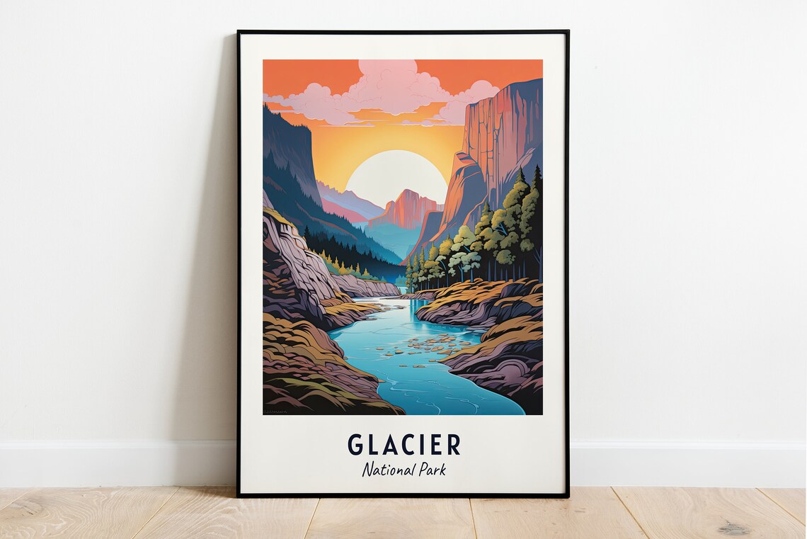 Glacier National Park Sunset River Valley Mountain Travel Poster