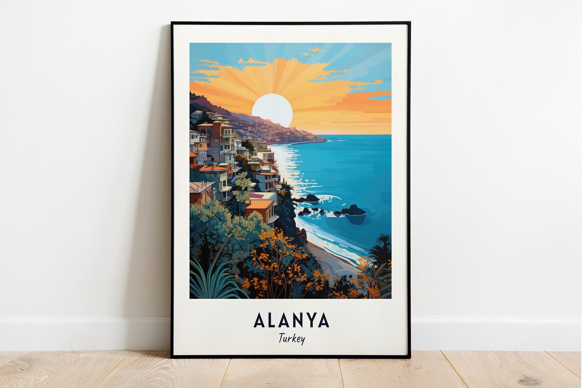 Alanya Turkey Cliffside Old Town Sunset Seascape Travel Poster