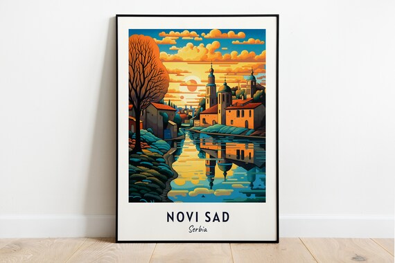 Novi Sad Riverside Churches Golden Sunset Reflection Travel Poster