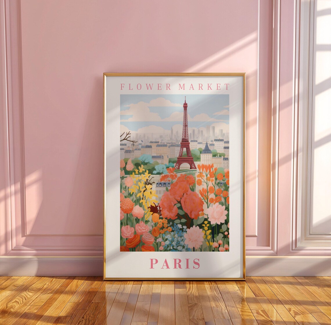 Paris Flower Market Eiffel Tower Pink Peony Blossom Travel Poster - Image 3