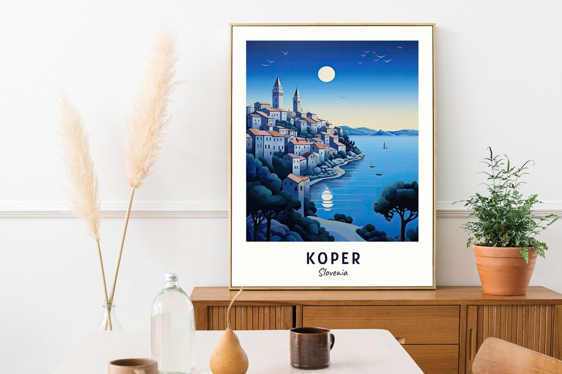 Koper Slovenia Moonlit Harbor Hilltop Old Town Night Scene Poster - Image 2