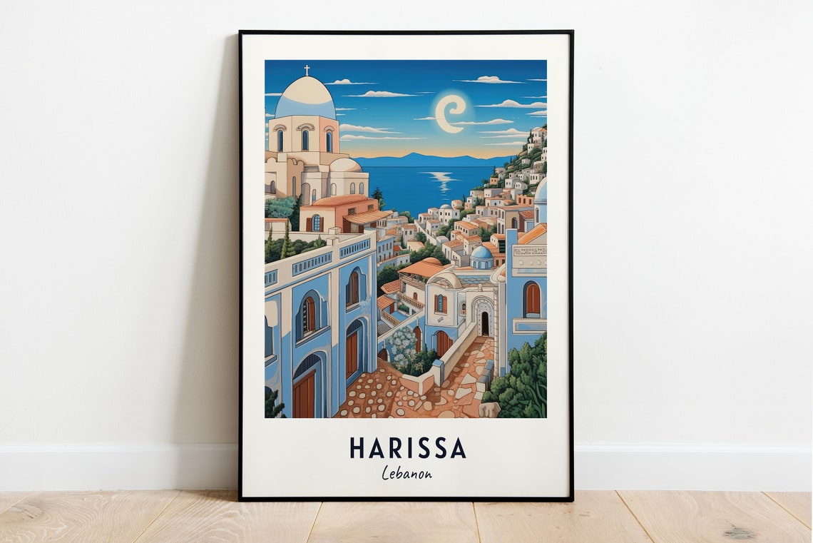 Harissa Lebanon Coastal Hillside Town Crescent Moon Sea Poster