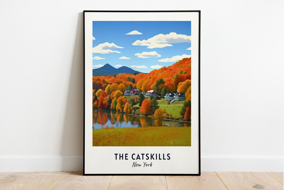 The Catskills New York Autumn Foliage Lake Village Art Poster