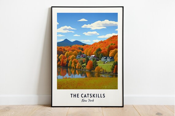 The Catskills New York Autumn Foliage Lake Village Art Poster