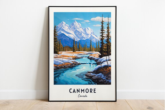 Canmore Canada Snow Capped Rocky Mountain River Valley Poster